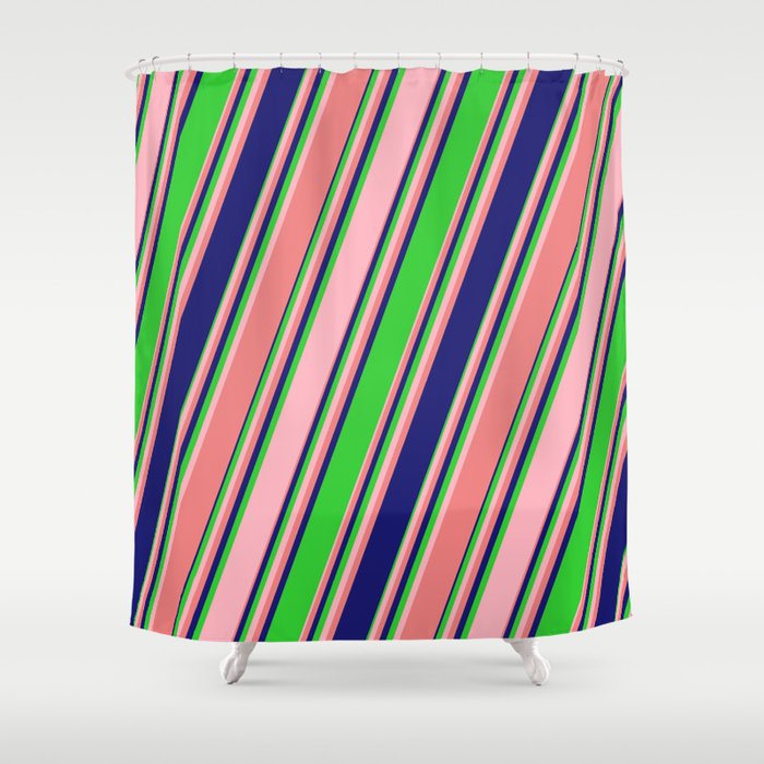 Lime Green, Light Pink, Light Coral & Midnight Blue Colored Lines/Stripes Pattern Shower Curtain