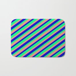 [ Thumbnail: Blue, Green, and Dark Salmon Colored Lined Pattern Bath Mat ]