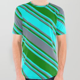 [ Thumbnail: Slate Gray, Green & Cyan Colored Stripes/Lines Pattern All Over Graphic Tee ]