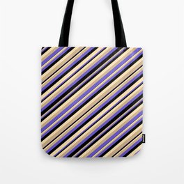 [ Thumbnail: Tan, Slate Blue, Black, and Beige Colored Stripes/Lines Pattern Tote Bag ]