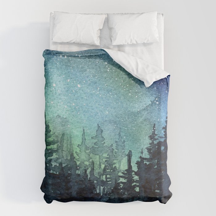 Galaxy Watercolor Aurora Borealis Painting Bettbezug