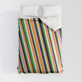 [ Thumbnail: Eye-catching Forest Green, Black, Plum, Dark Orange, and White Colored Striped Pattern Comforter ]