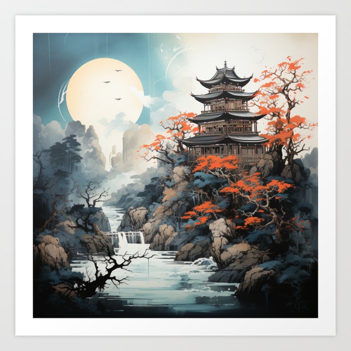 Japanese Landscape and Pagoda Art Print