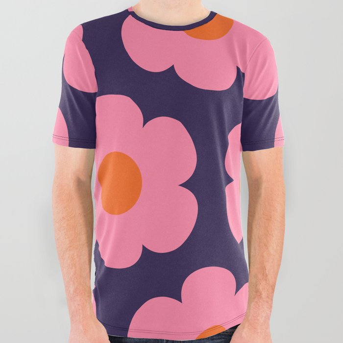 Such Cute Flowers Retro Floral Pattern Pink Orange Blue All Over Graphic Tee