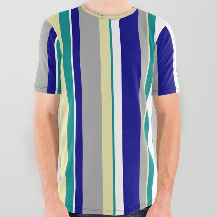 Eye-catching Dark Cyan, Pale Goldenrod, Dark Grey, Blue, and White Colored Lines Pattern All Over Graphic Tee