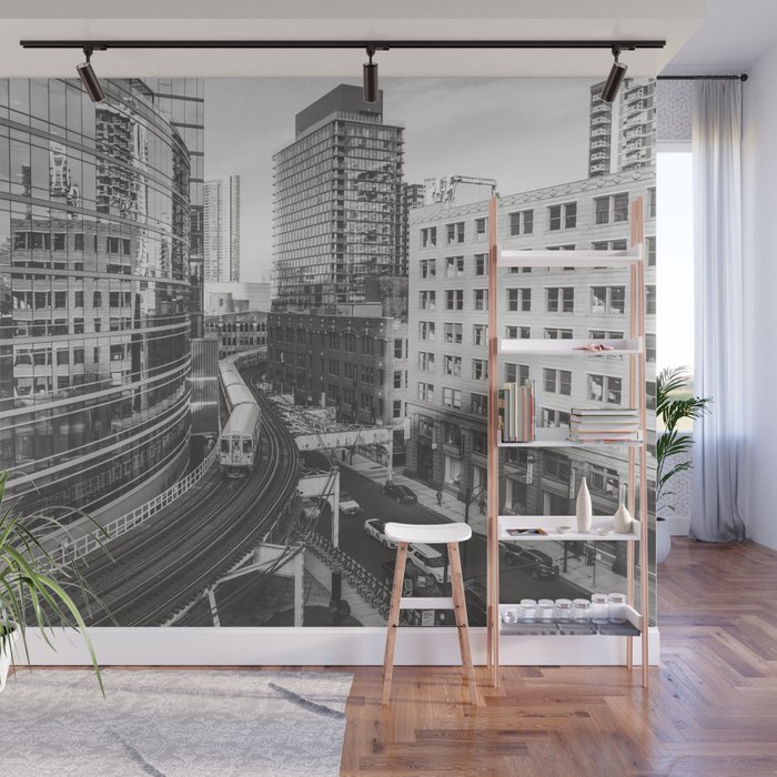 Loop Bound Mornings - Chicago Black and White El Train Photography Wall Mural