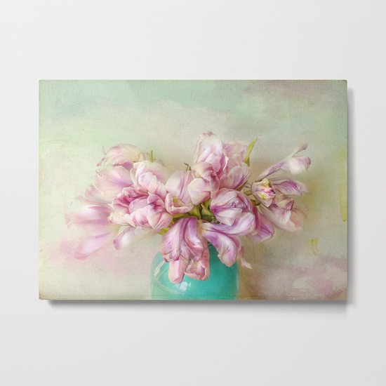 bouquet tulips in blue vase Metal Print