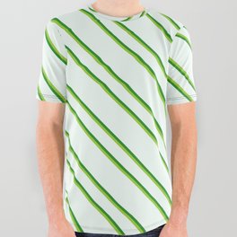 [ Thumbnail: Mint Cream, Forest Green, and Green Colored Striped/Lined Pattern All Over Graphic Tee ]