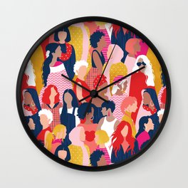 Every day we glow International Women's Day // midnight navy blue background pastel and fuchsia pink coral vivid red and gold humans  Wall Clock