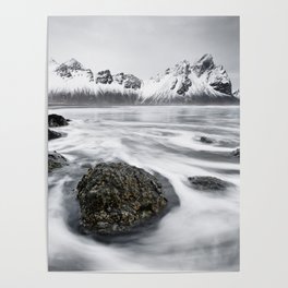 Mountain range in front of wild surf Poster