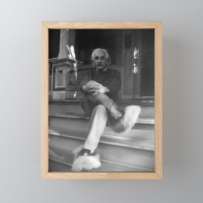 Funny Einstein in Fuzzy Slippers Classic Black and White Satirical Photography - Photographs Framed Mini Art Print