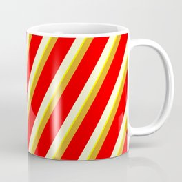 [ Thumbnail: Goldenrod, Red, Light Yellow & Yellow Colored Striped/Lined Pattern Coffee Mug ]