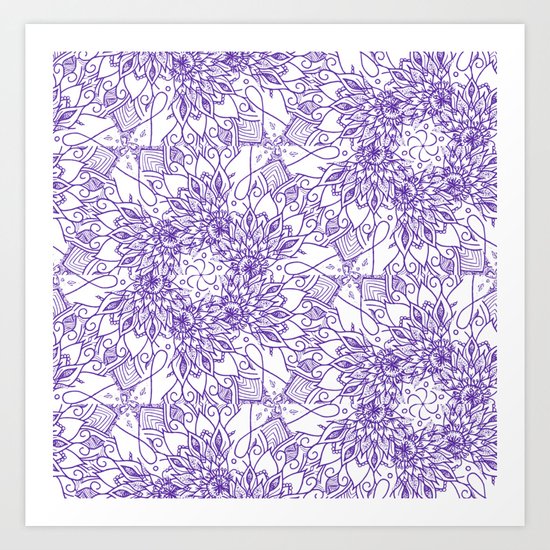 Blue Flower Pattern Geometric Mandala Wallpaper Art Print By