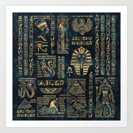 Egyptian hieroglyphs and deities -Abalone and gold Art Print