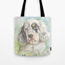 ENGLISH SETTER PUPPY Cute dog portrait on the dandelions meadow Tote Bag
