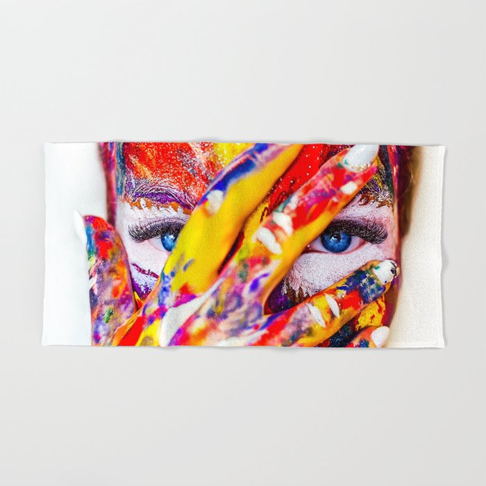 Women With Paint On Her Hands And Face Hand Bath Towel By