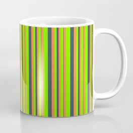 [ Thumbnail: Chartreuse, Coral, and Dark Slate Gray Colored Lines/Stripes Pattern Coffee Mug ]