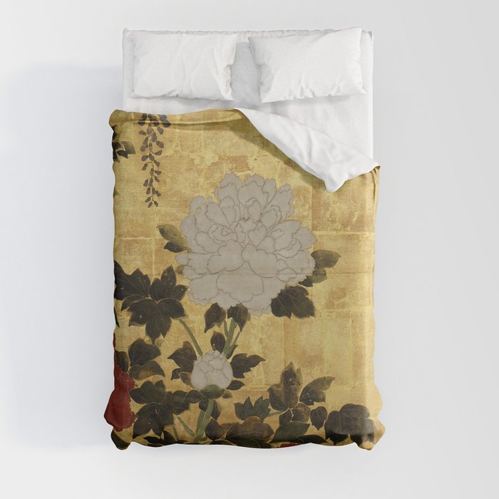 Vintage Japanese Floral Gold Leaf Screen With Wisteria and Peonies Duvet Cover