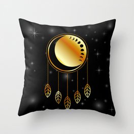 Moon phases dreamcatcher with stars in gold	 Throw Pillow