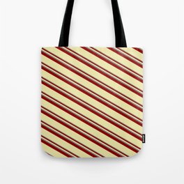 [ Thumbnail: Grey, Dark Red & Pale Goldenrod Colored Striped Pattern Tote Bag ]