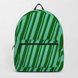 [ Thumbnail: Aquamarine and Dark Green Colored Pattern of Stripes Backpack ]