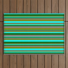 [ Thumbnail: Grey, Green, Aqua & Dark Green Colored Stripes/Lines Pattern Outdoor Rug ]
