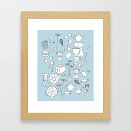 in the kitchen (blue) Framed Art Print | Toaster, Pots, Dining, Food, Cooking, Pans, Blende, Pancakes, Drawing, Coffee 