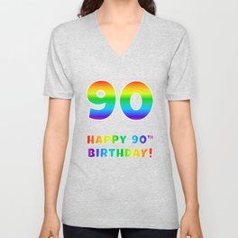 [ Thumbnail: HAPPY 90TH BIRTHDAY - Multicolored Rainbow Spectrum Gradient V Neck T Shirt V-Neck T-Shirt ]