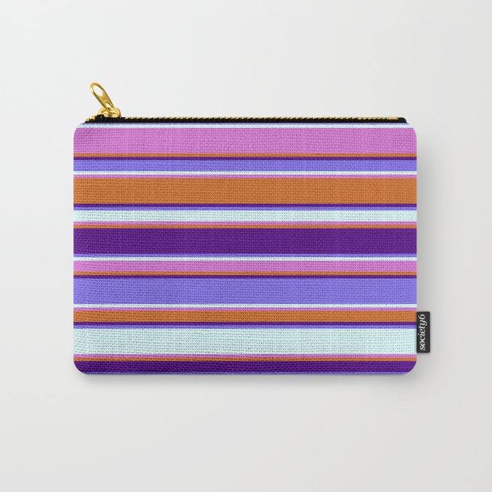 Colorful Chocolate, Indigo, Medium Slate Blue, Light Cyan, and Orchid Colored Stripes Pattern Carry-All Pouch