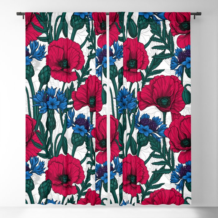 Red poppies and blue cornflowers on white Blackout Curtain