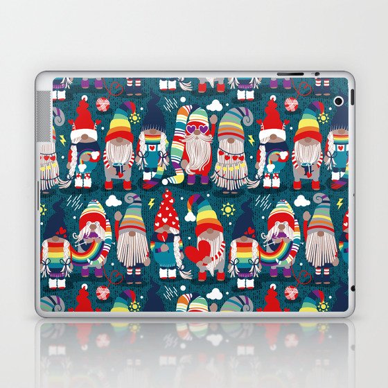 I gnome you // dark teal background little happy and lovely gnomes with rainbows vivid red hearts Laptop & iPad Skin
