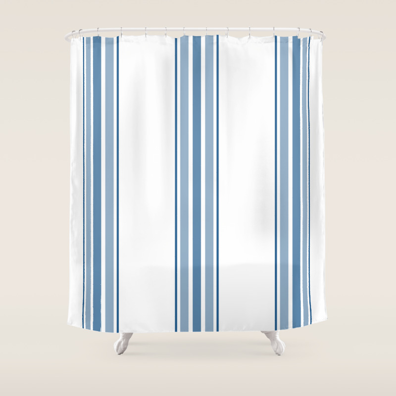 Farmhouse Blue Ticking Stripes On White Shower Curtain By