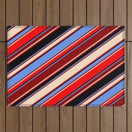 [ Thumbnail: Cornflower Blue, Dark Red, Bisque, Red & Black Colored Stripes Pattern Outdoor Rug ]