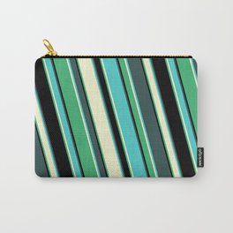 [ Thumbnail: Colorful Dark Slate Gray, Turquoise, Light Yellow, Sea Green, and Black Colored Lined Pattern Carry-All Pouch ]