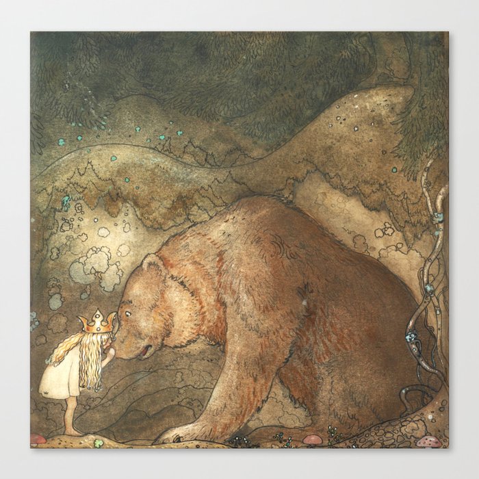 John Bauer Kissed the Bear On The Nose 1907 Reproduction Young Princess Bear Fairy Tale Canvas Print