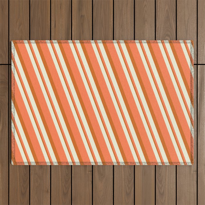 Beige, Coral & Chocolate Colored Stripes Pattern Outdoor Rug