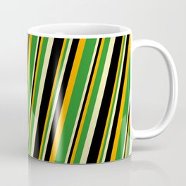 [ Thumbnail: Orange, Forest Green, Pale Goldenrod, and Black Colored Lined/Striped Pattern Coffee Mug ]