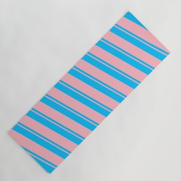 [ Thumbnail: Deep Sky Blue and Light Pink Colored Striped/Lined Pattern Yoga Mat ]