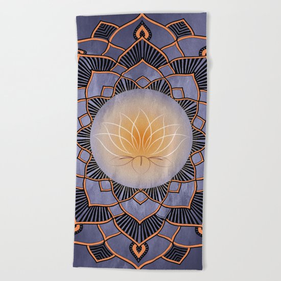 Orange Lotus Flower Mandala On A Textured Blue Background Beach Towel