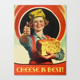 Young retro woman holding huge piece of Emmental cheese and smiling a nostalgic and vintage Canvas Print