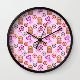 Funny happy little pink baby sloths, pink hearts. Vintage retro lollipops. Cute girly pink pattern Wall Clock
