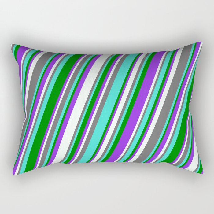 Dim Grey, Turquoise, Green, Purple & Mint Cream Colored Lined Pattern Rectangular Pillow