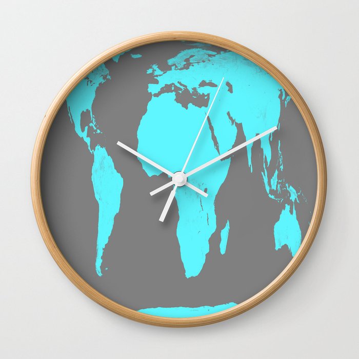 World Map Gray & Turquoise Wall Clock
