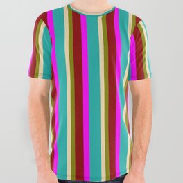 [ Thumbnail: Eyecatching Fuchsia, Light Sea Green, Tan, Green & Dark Red Colored Stripes Pattern All Over Graphic Tee ]