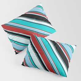 [ Thumbnail: Colorful Black, Dark Turquoise, Red, Light Cyan, and Sky Blue Colored Pattern of Stripes Pillow Sham ]