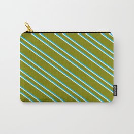 [ Thumbnail: Green, Deep Sky Blue & Beige Colored Striped/Lined Pattern Carry-All Pouch ]