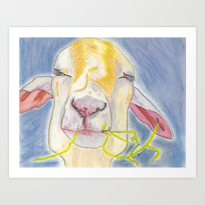Percival a Fun Adorable Mixed Media Goat Chewing Straw Drawing Art Print