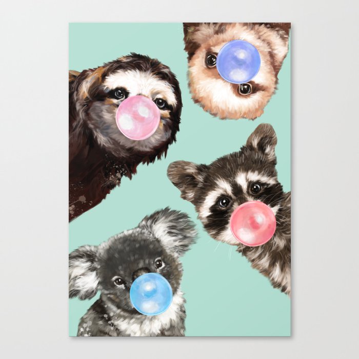 Cute Animals Bubble Gum Gang in Green Canvas Print