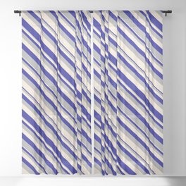 [ Thumbnail: Dark Gray, Beige, and Dark Blue Colored Lined Pattern Sheer Curtain ]
