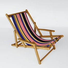 [ Thumbnail: Light Coral, Midnight Blue, Dark Goldenrod, Tan & Black Colored Lined Pattern Sling Chair ]